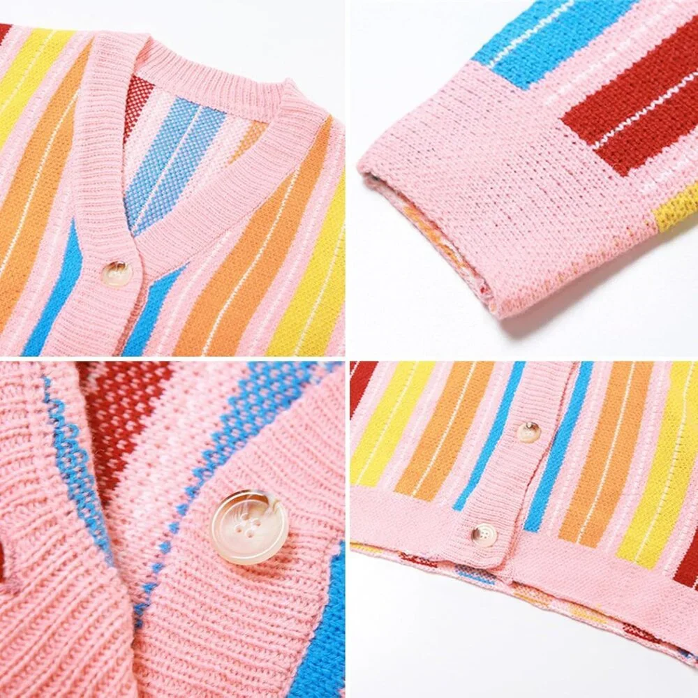 Women's Rainbow Striped Long Sleeve Button V Neck Block Knit Loose Sweater Coat - Picture 6 of 6